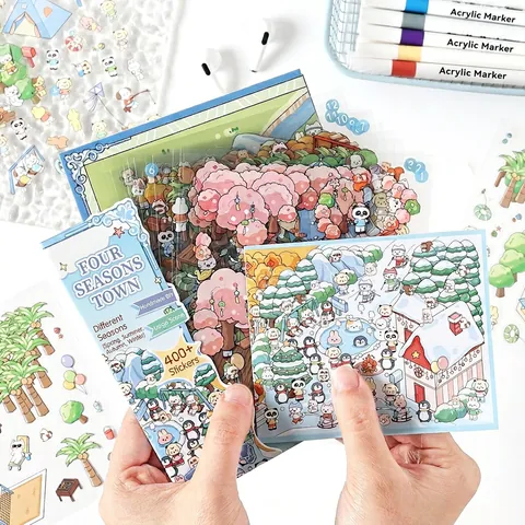 Kawaii Scenery Stickers PET Waterproof DIY Scrapbooking Decoration Kids Cute Cartoon Characters Buildings Background Cards