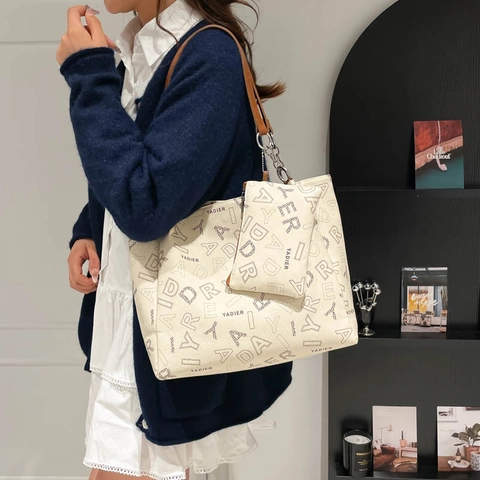 Mode Buchstabendruck Vintage PU Leder Tote Tasche Mit Passender Kleiner Tasche Für Damen Große Kapazität Schultertasche Pendeln