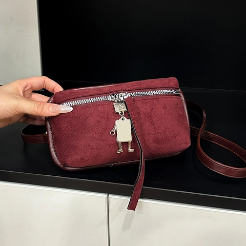 Women's Vintage Suede Small Square Crossbody Bag Minimalist Solid Color Shoulder Bag With Metal Robot Pendant For Daily