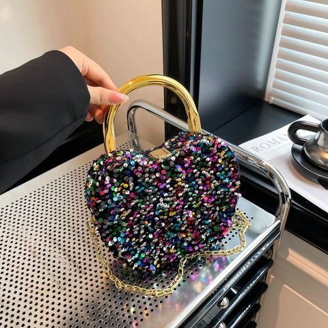 Heart Shaped Sequin Evening Bag With Metal Handle Elegant Party Clutch Crossbody Chain Purse For Women