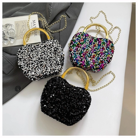 Heart Shaped Sequin Evening Bag With Metal Handle Elegant Party Clutch Crossbody Chain Purse For Women