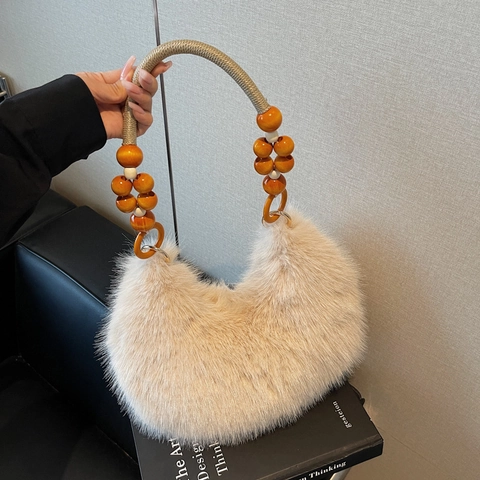 Borsa Hobo Sottobraccio In Ecopelliccia Donna Borsa In Peluche Mezzaluna Manico In Perle Di Legno Vintage Invernale