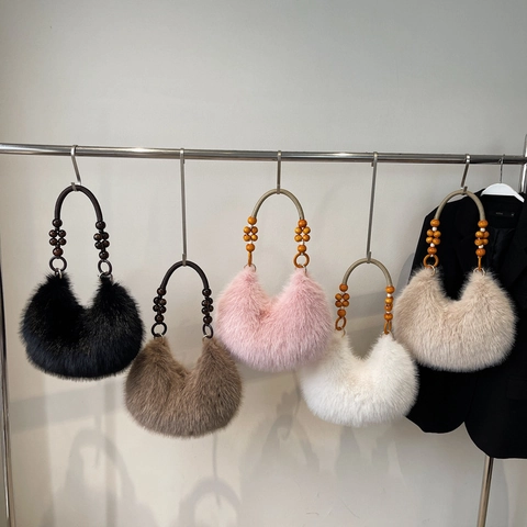 Borsa Hobo Sottobraccio In Ecopelliccia Donna Borsa In Peluche Mezzaluna Manico In Perle Di Legno Vintage Invernale