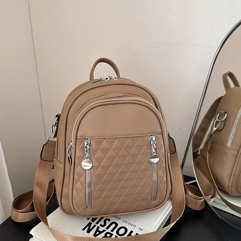 Women Fashion PU Leather Plaid Embossed Backpack Multi Functional Travel Bag Shoulder Bag Casual Small Daypack For Women
