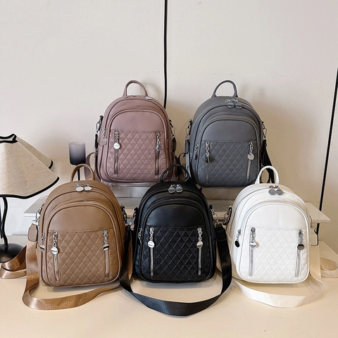Women Fashion PU Leather Plaid Embossed Backpack Multi Functional Travel Bag Shoulder Bag Casual Small Daypack For Women