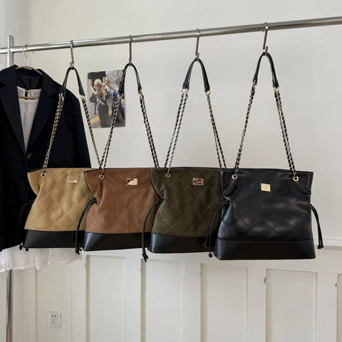 Borsa Tote In PU Scamosciato Trapuntato Grande Capacità Motivo A Rombi Contrasto Borsa A Spalla Retro Catena Donna