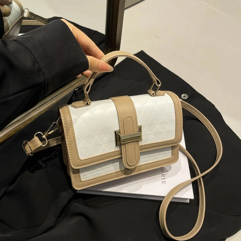 Bolso Bandolera Mujer Cuero PU Relieve Geométrico Color Contraste Bolso De Mano Retro Bolso Cuadrado Pequeño