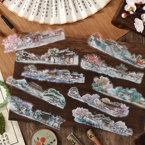 Autocollants PET Imperméables Paysage Vintage Chinois Pour Scrapbooking Journaling DIY Arts Artisanat Décoration Papeterie Bande Longue