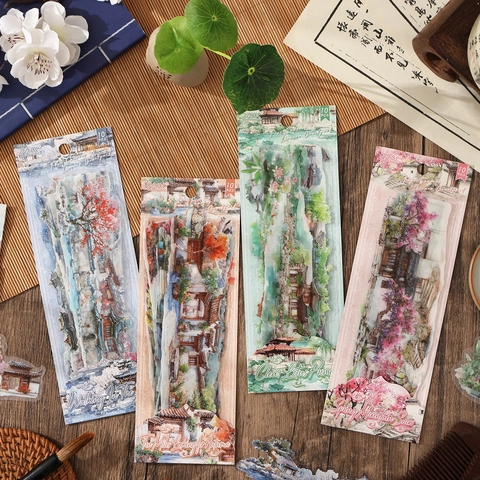 Ancient Chinese Style PET Waterproof Landscape Stickers 10 Sheets Four Seasons Garden Architecture Stickers For DIY Journal Scrapbook Decoration