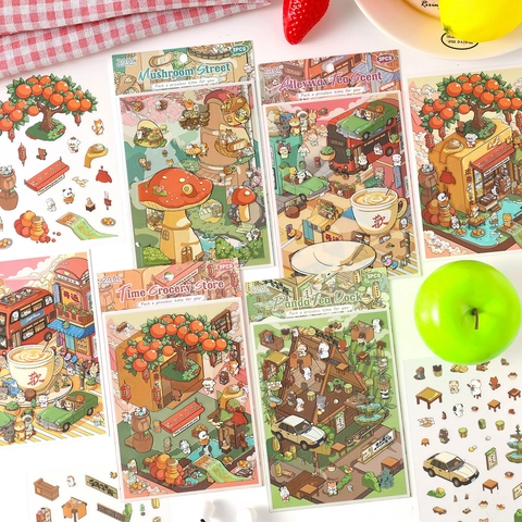 DIY Scenery Sticker Set 3D Decorative PET Waterproof Hand Drawn Cartoon Stickers For Scrapbooking Journaling Healing Style