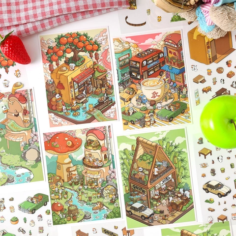 DIY Scenery Sticker Set 3D Decorative PET Waterproof Hand Drawn Cartoon Stickers For Scrapbooking Journaling Healing Style
