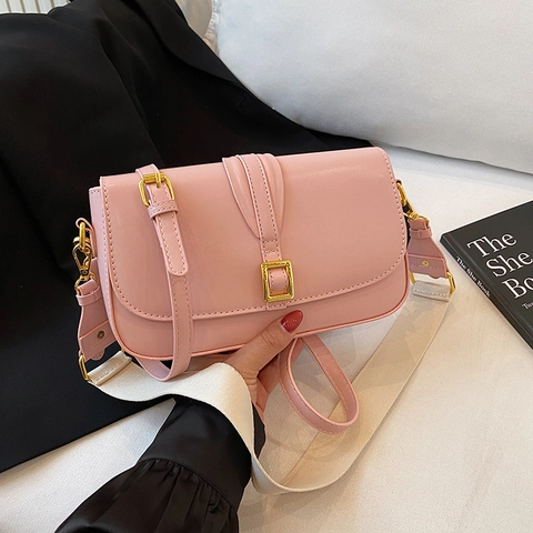 Women Retro PU Leather Crossbody Bag Gold Square Buckle Small Square Tofu Bag Dual Wide Fabric Shoulder Strap Casual Bag