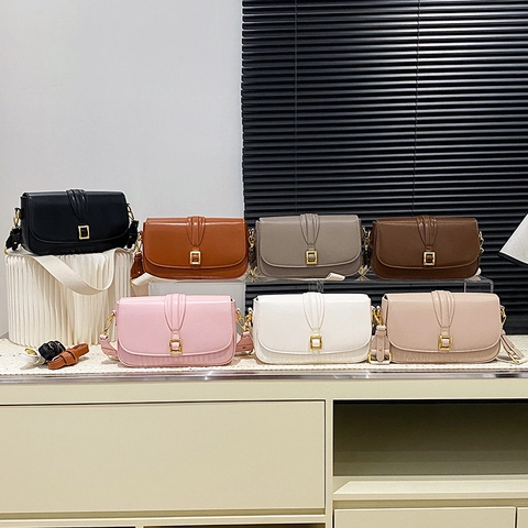 Women Retro PU Leather Crossbody Bag Gold Square Buckle Small Square Tofu Bag Dual Wide Fabric Shoulder Strap Casual Bag