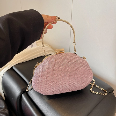 Sparkly Glitter Evening Bag With Metal Circle Handle And Chain Strap Small Crossbody Clutch For Women Wedding Party