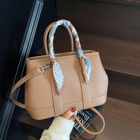Dames Schoudertas Emmertas Litchi Patroon PU Leer Handtas Met Satijnn Sjaal Decoratie Vintage Trendy Tote