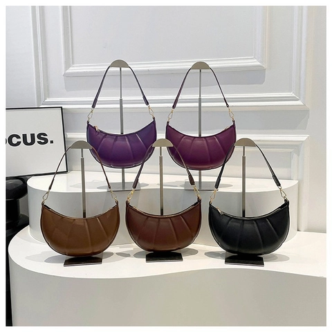 Pleated Crescent Hobo Bag For Women PU Leather Vintage Ruched Underarm Bag Solid Color Small Fashion Croissant Purse