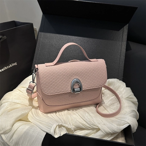 Women Woven Texture Crossbody Bag PU Leather Square Shoulder Bag Horseshoe Buckle Fashion Messenger Handbag Elegant