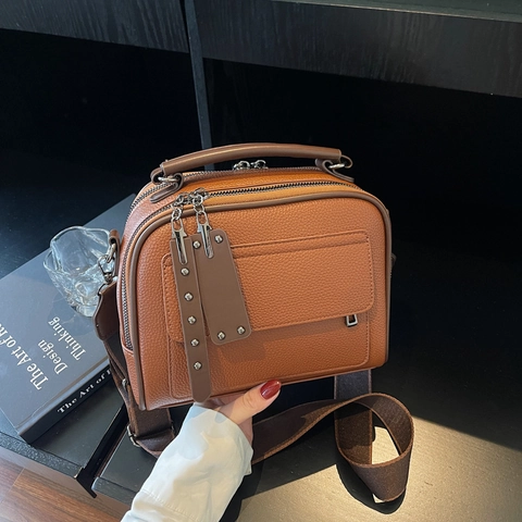 Women Crossbody Bag Pebbled PU Leather Handbag Retro Square Shoulder Purse With Wide Strap Double Zipper Fashion Versatile