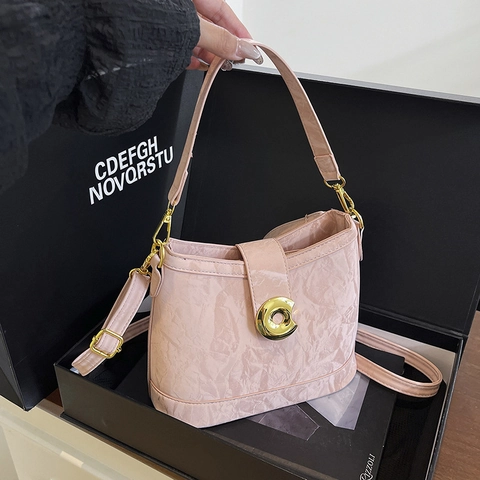 Borsa Secchiello Vintage Donna Pelle PU Texture Pieghettata Lucida Fibbia Metallo Dorato Borsa A Mano Tracolla Retrò
