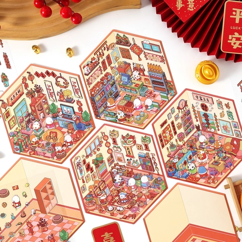 Collezione di Adesivi Scena 3D Capodanno Cinese Fai-da-te PET Cartoncino Bianco Danza Del Leone Festivo Dio Della Ricchezza Decorazione Interna Diario Scrapbooking