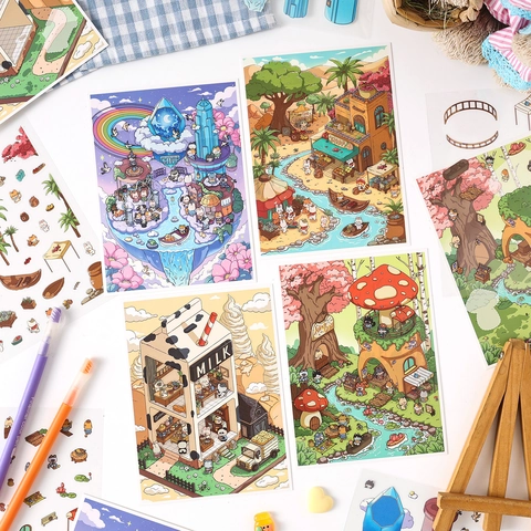 Set Adesivi Scenario Fai-Da-Te Oasis Journey PET Impermeabile Cartoni Animati Disegnati A Mano Scrapbooking Diario Decorativo