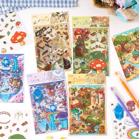 Set Adesivi Scenario Fai-Da-Te Oasis Journey PET Impermeabile Cartoni Animati Disegnati A Mano Scrapbooking Diario Decorativo
