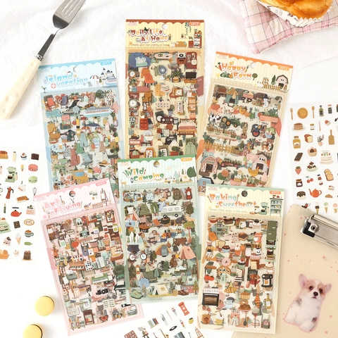 PET Waterproof Hand-drawn Decorative Stickers Set For Scrapbooking Journaling Stationery Stickers Farm Camping Food Themes 4PCS