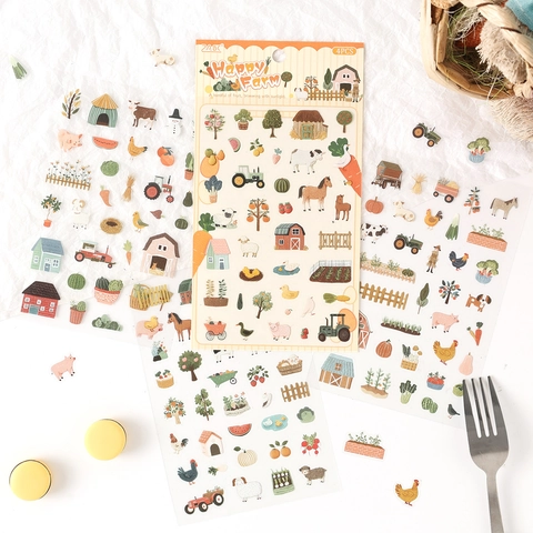 PET Waterproof Hand-drawn Decorative Stickers Set For Scrapbooking Journaling Stationery Stickers Farm Camping Food Themes 4PCS