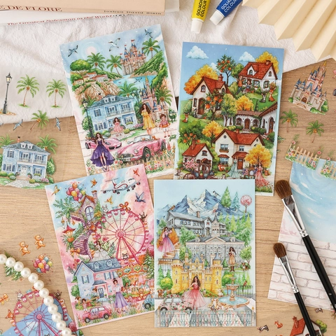Aesthetic Matte PET Scenery Stickers Waterproof Dimensional Landscape Decorative Decals For DIY Journal Scrapbooking Art