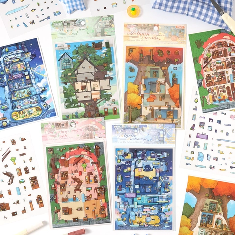 3D Scenery DIY Sticker Hand Drawn House Treehouse Mushroom Galactic Theme PET Transparent Stickers Scrapbooking Decorative Kit