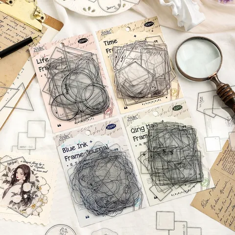 Vintage PET Waterproof Frame Stickers For Journaling Scrapbooking DIY Minimalist Line Geometric Border Decorative Decals