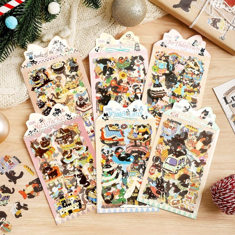 Simpatici Adesivi Gatto Nero Cartone Animato PET Impermeabili Decorativi Per Diario Scrapbooking Illustrazione Disegnata A Mano