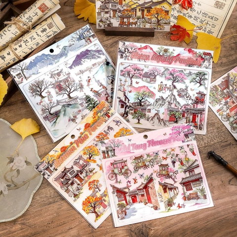 Adesivi Paesaggio PET Stile Cinese Serie Wuying Yunting Architettura Retro Floreale DIY Scrapbooking Adesivo Decorativo