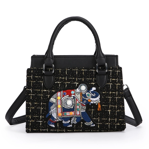 Sac À Main Avec Broderie Éléphant Décor Künstliche Perles Sac Bandoulière Carré Rétro Tweed Cuir PU Pour Femmes Casual