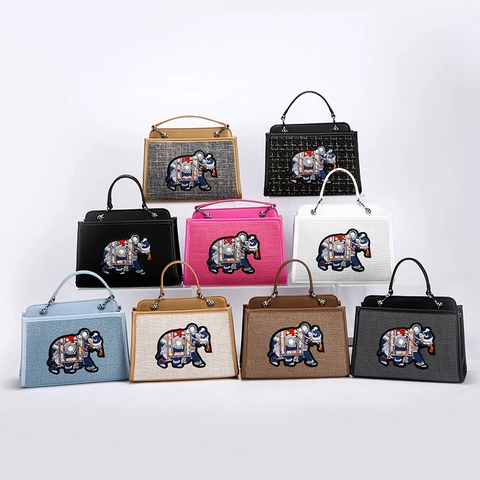 Bolso Tote con Bordado de Elefante Étnico Vintage para Mujer Bolso de Tela de PU con Perlas Gran Capacidad Bolso Bandolera