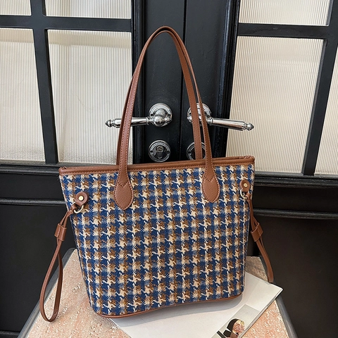 Dames Grote Capaciteit Wol Tote Tas Retro Britse Ruit Hahnentritt Schoudertas Stijlvol Woon-werkverkeer Handtas