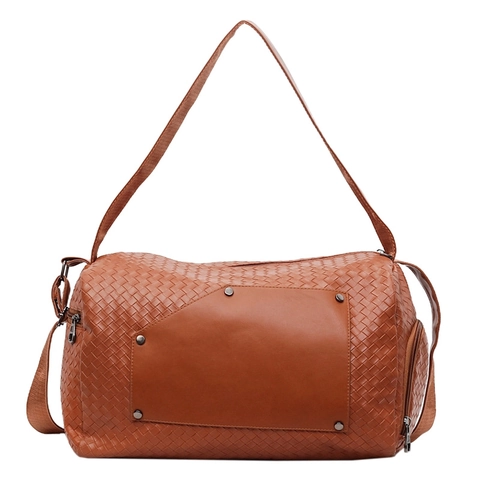 Large Capacity Woven PU Leather Travel Duffel Bag With Rivet Decor For Weekend Trip Gym Commute Fashionable Tote