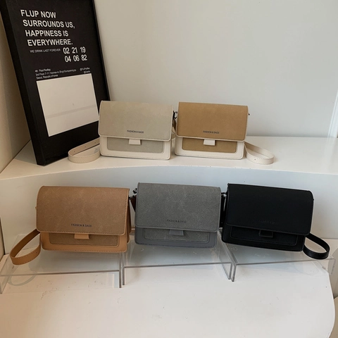 Women Crossbody Bag PU Leather Suede Patchwork Magnetic Flap Retro Fashion Small Square Bag For Casual Travel