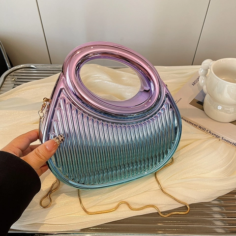 Women Evening Bag Acrylic Metallic Ribbed Crescent Clutch With Chain Strap Hollow Handle Fashion Party Crossbody