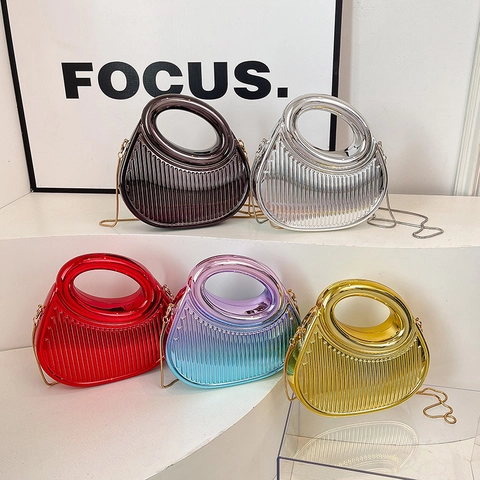 Women Evening Bag Acrylic Metallic Ribbed Crescent Clutch With Chain Strap Hollow Handle Fashion Party Crossbody