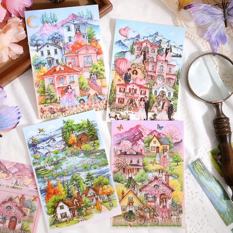 Autocollants Paysage Esthétiques Imperméables PET Style Aquarelle Peint À La Main Pour Scrapbooking Journal Décoration DIY