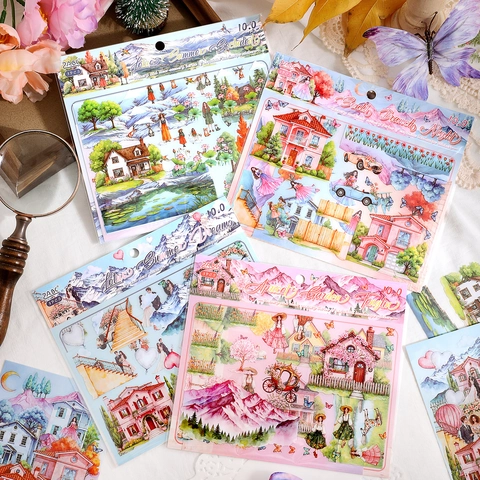 Autocollants Paysage Esthétiques Imperméables PET Style Aquarelle Peint À La Main Pour Scrapbooking Journal Décoration DIY