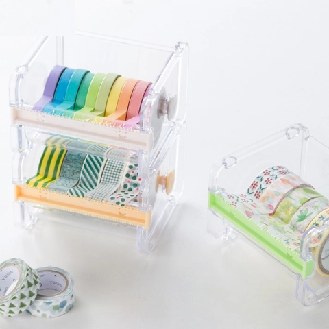 Transparent Stackable Washi Tape Dispenser Storage Box Plastic Desktop Stationery Organizer With Serrated Cutter For Office School Hand Account