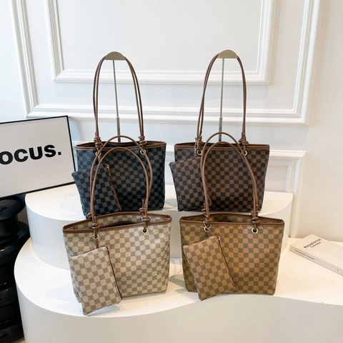 Elegante Borsa Tote E Pochette Da Donna Con Motivo A Scacchi In Pelle PU Grande Capacità Borsa A Spalla Retro Handbag