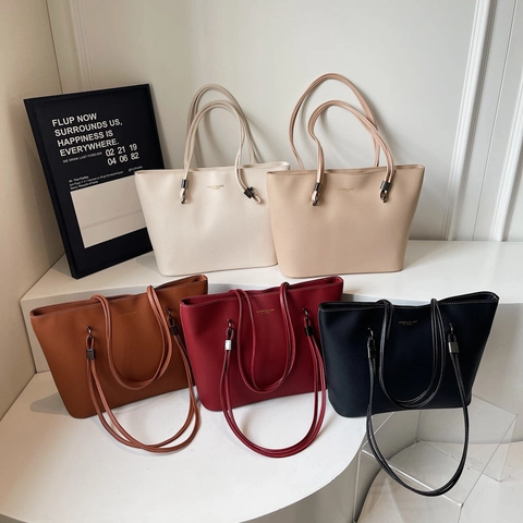 Women Large Capacity PU Leather Tote Bag Vintage Litchi Texture Shoulder Bag Casual Commuter Handbag Solid Color Style