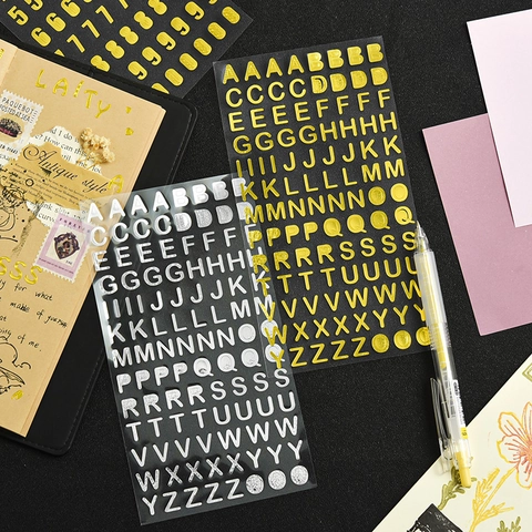 Alphabet Nummer Aufkleber Heißprägen Gold Silber PET Wasserdicht Metallic Glanz Scrapbooking Journaling DIY Basteln Dekor