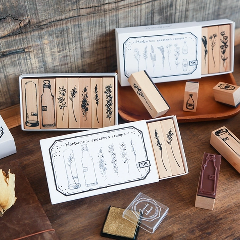 Ensemble de Tampons en Bois Vintage Spécimen d'Herbier Fleurs Botaniques Bouteille en Verre pour Décoration Journal DIY