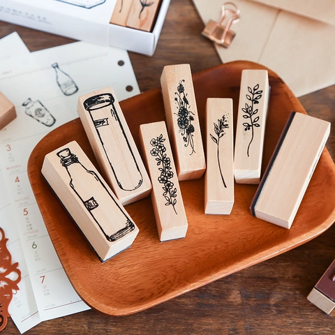 Ensemble de Tampons en Bois Vintage Spécimen d'Herbier Fleurs Botaniques Bouteille en Verre pour Décoration Journal DIY