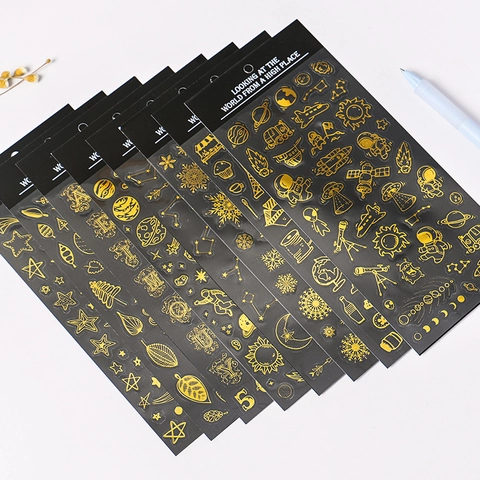 Goldprägung Aufkleber PVC Selbstklebend Dekorative Etiketten Für Journaling Scrapbooking Vintage Weltraum Reise Designs