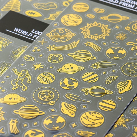 Goldprägung Aufkleber PVC Selbstklebend Dekorative Etiketten Für Journaling Scrapbooking Vintage Weltraum Reise Designs